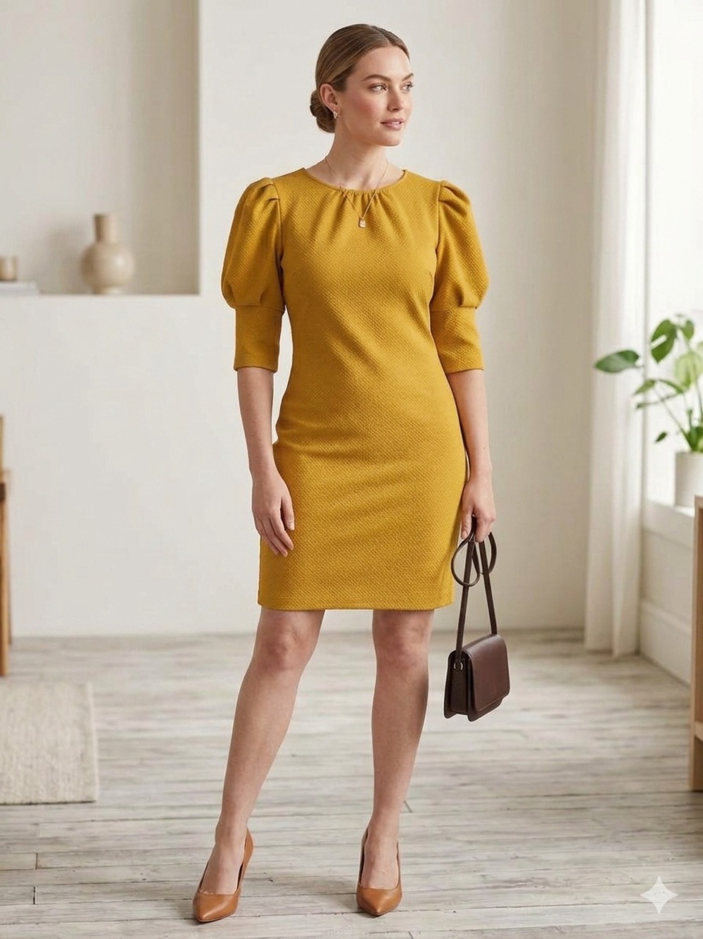 NEW YORK & CO mustard Yellow Ruffle Sleeves Dress Size XL women 3/4 Sleeves Z28